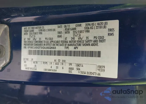 2016 Ford Escape Se из США, поврежденный, VIN 1FMCU0G73GUA52693